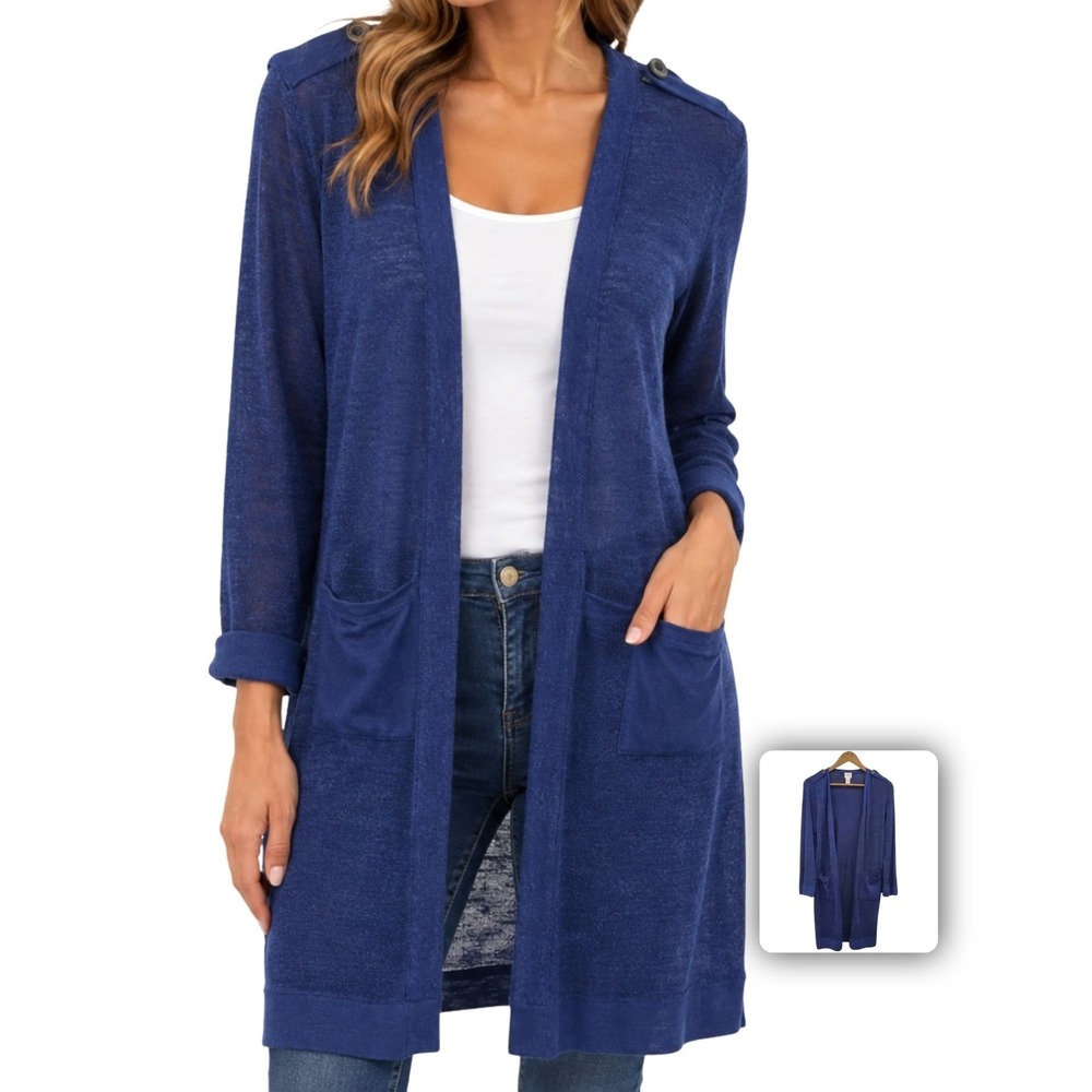Chicos Womens S Blue Open Front Cardigan Sweater Long Sleeve Pockets